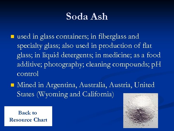 Soda Ash n n used in glass containers; in fiberglass and specialty glass; also