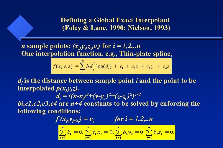 Defining a Global Exact Interpolant (Foley & Lane, 1990; Nielson, 1993) n sample points: