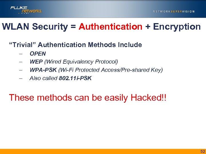 WLAN Security = Authentication + Encryption “Trivial” Authentication Methods Include – – OPEN WEP