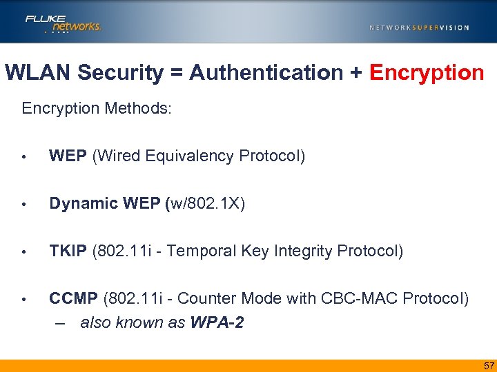 WLAN Security = Authentication + Encryption Methods: • WEP (Wired Equivalency Protocol) • Dynamic