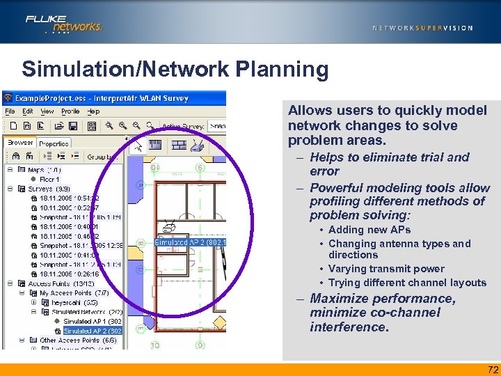 Simulation/Network Planning Allows users to quickly model network changes to solve problem areas. –