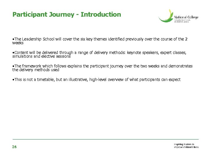 Participant Journey - Introduction • The Leadership School will cover the six key themes