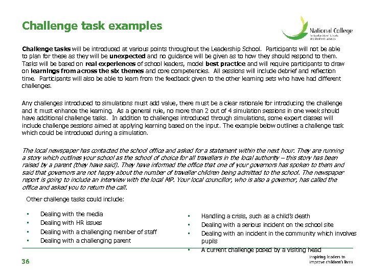 Challenge task examples Challenge tasks will be introduced at various points throughout the Leadership