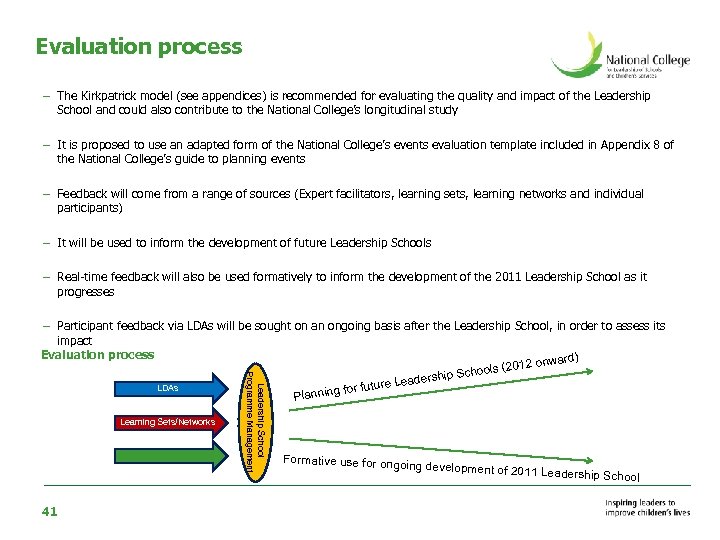 Evaluation process – The Kirkpatrick model (see appendices) is recommended for evaluating the quality
