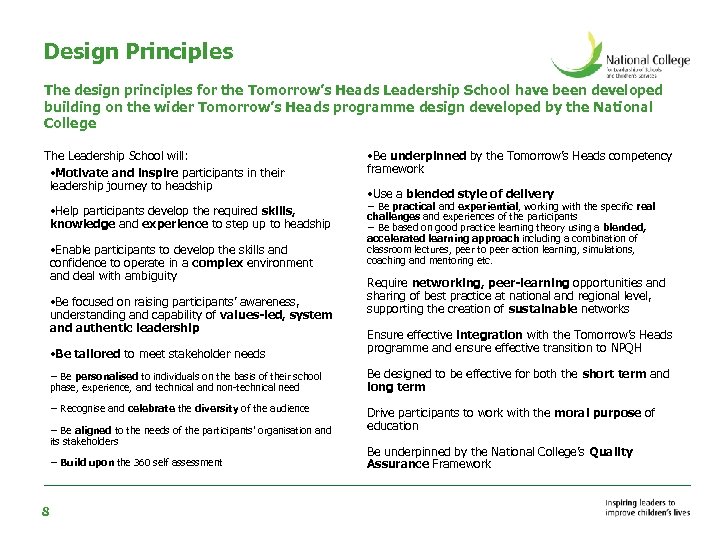 Design Principles The design principles for the Tomorrow’s Heads Leadership School have been developed