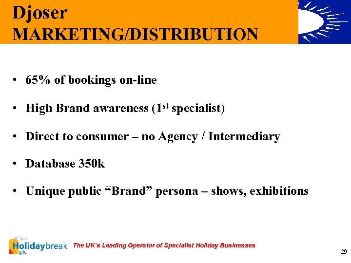 Djoser MARKETING/DISTRIBUTION • 65% of bookings on-line • High Brand awareness (1 st specialist)