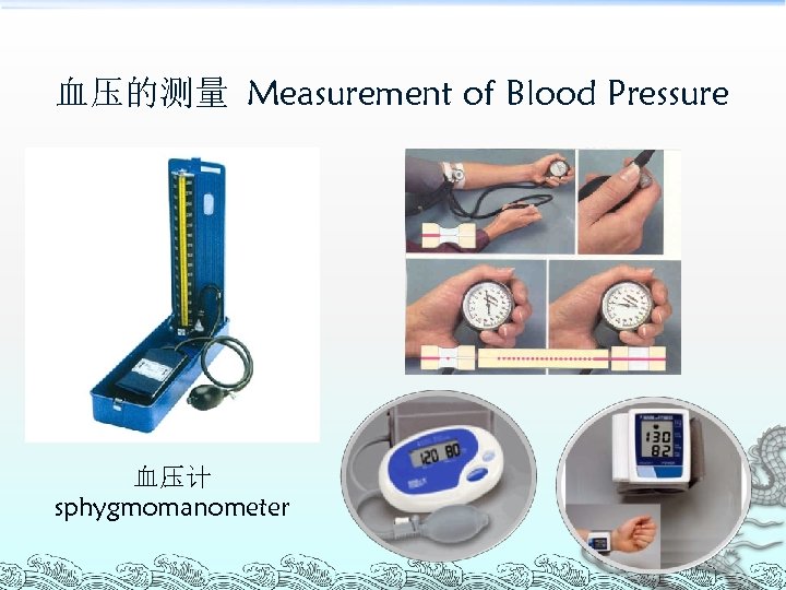 血压的测量 Measurement of Blood Pressure 血压计 sphygmomanometer 