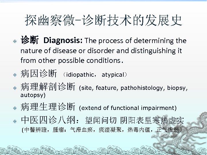 探幽察微-诊断技术的发展史 诊断 Diagnosis: The process of determining the nature of disease or disorder and