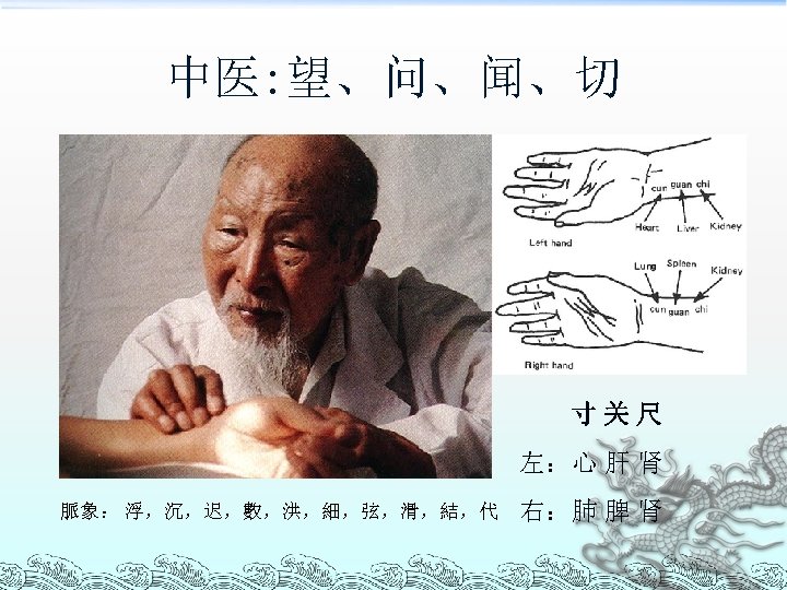 中医: 望、问、闻、切 寸关尺 左：心 肝 肾 脈象： 浮，沉，迟，數，洪，細，弦，滑，結，代 右：肺 脾 肾 