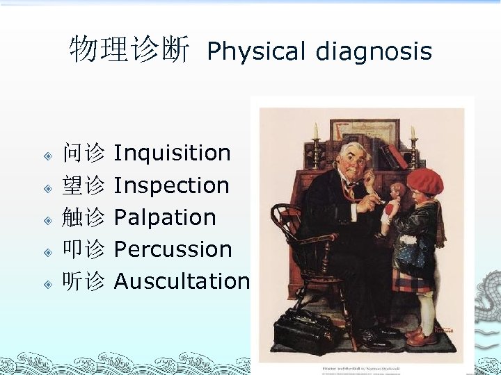 物理诊断 Physical diagnosis 问诊 望诊 触诊 叩诊 听诊 Inquisition Inspection Palpation Percussion Auscultation 