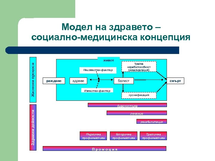 Модел на здравето – социално-медицинска концепция Жизнени процеси живот Трайна нерабостособност (инвалидизация) Неизвестен фактор