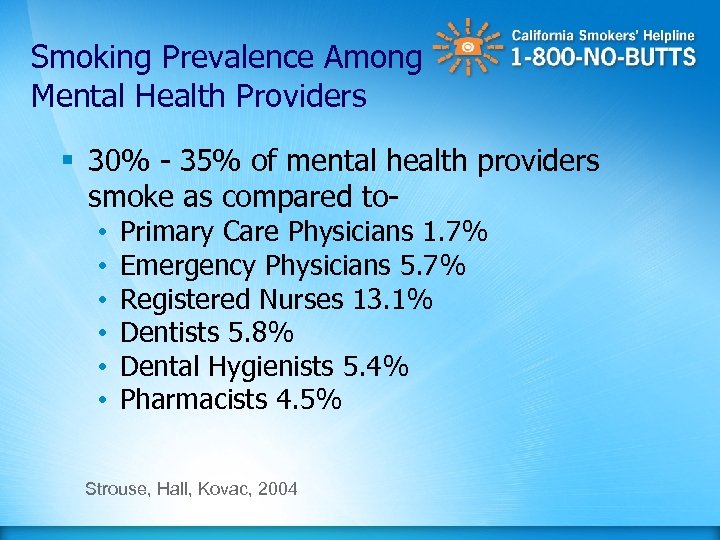 Smoking Prevalence Among Mental Health Providers § 30% - 35% of mental health providers