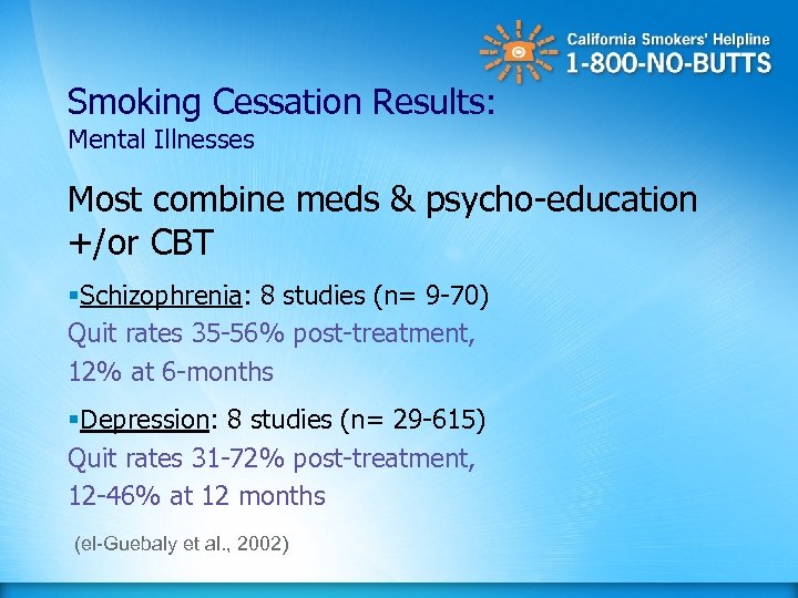 Smoking Cessation Results: Mental Illnesses Most combine meds & psycho-education +/or CBT §Schizophrenia: 8