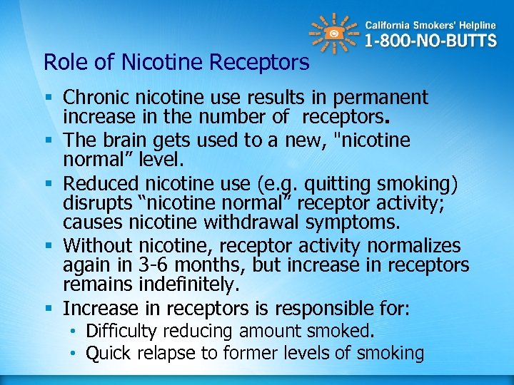 Role of Nicotine Receptors § Chronic nicotine use results in permanent increase in the