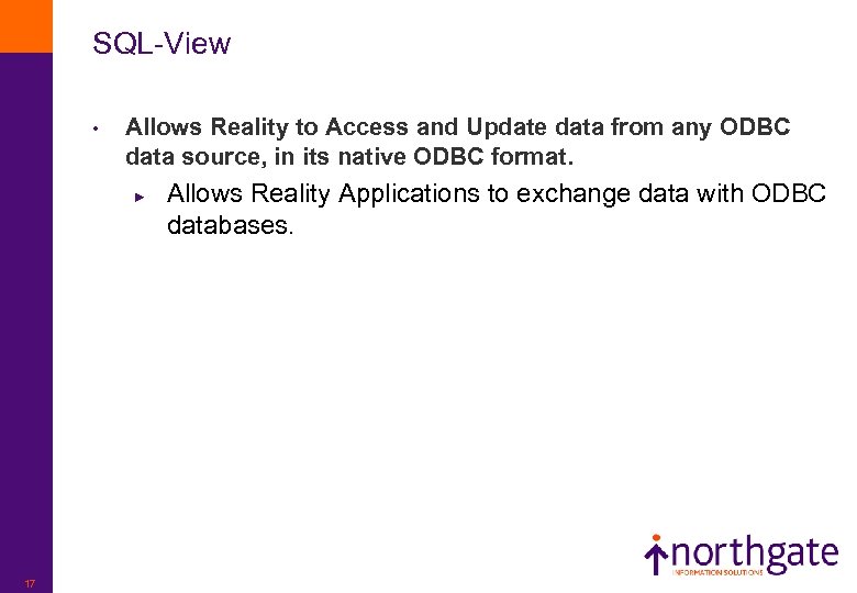 SQL-View • Allows Reality to Access and Update data from any ODBC data source,