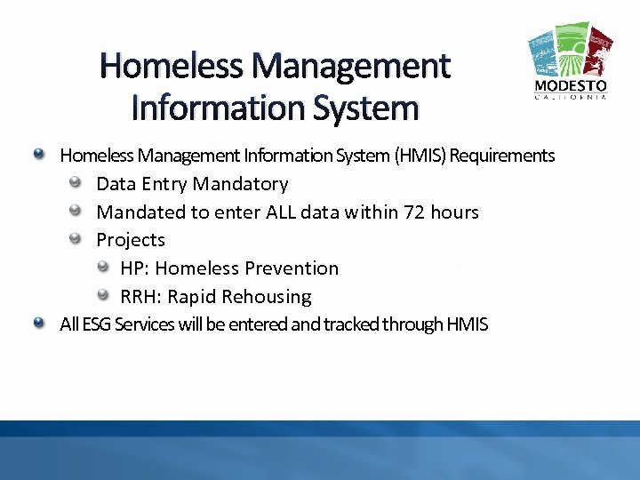 Homeless Management Information System (HMIS) Requirements Data Entry Mandatory Mandated to enter ALL data