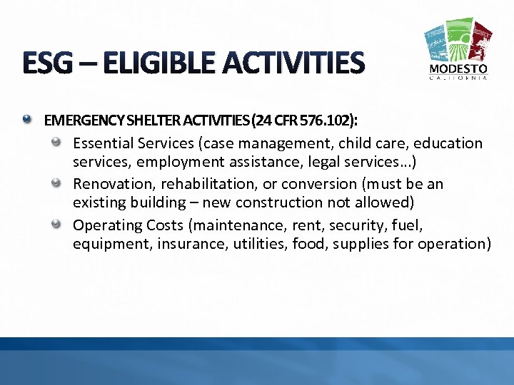 ESG – ELIGIBLE ACTIVITIES EMERGENCY SHELTER ACTIVITIES (24 CFR 576. 102): Essential Services (case