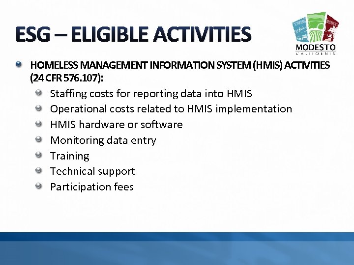 ESG – ELIGIBLE ACTIVITIES HOMELESS MANAGEMENT INFORMATION SYSTEM (HMIS) ACTIVITIES (24 CFR 576. 107):