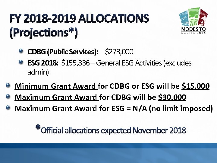 FY 2018 -2019 ALLOCATIONS (Projections*) CDBG (Public Services): $273, 000 ESG 2018: $155, 836