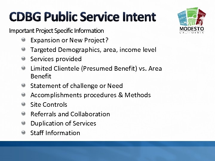 CDBG Public Service Intent Important Project Specific Information Expansion or New Project? Targeted Demographics,