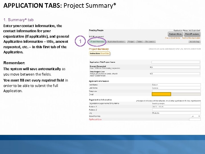 APPLICATION TABS: Project Summary* 1. Summary* tab Enter your contact information, the contact information