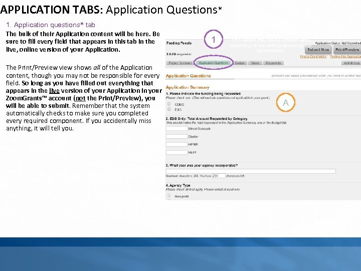 APPLICATION TABS: Application Questions* 1. Application questions* tab The bulk of their Application content