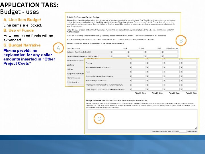 APPLICATION TABS: Budget - uses A. Line Item Budget Line items are locked. B.