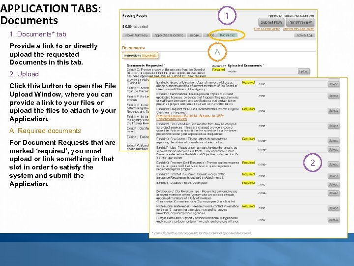 APPLICATION TABS: Documents 1 1. Documents* tab Provide a link to or directly upload