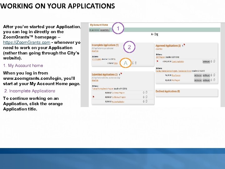 WORKING ON YOUR APPLICATIONS After you’ve started your Application, you can log in directly