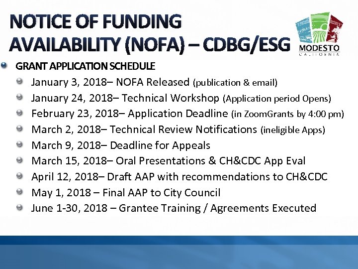 NOTICE OF FUNDING AVAILABILITY (NOFA) – CDBG/ESG GRANT APPLICATION SCHEDULE January 3, 2018– NOFA