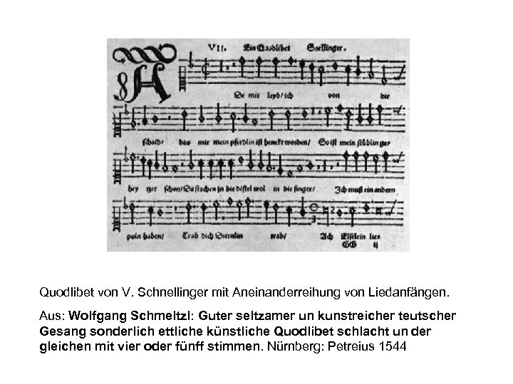 Quodlibet von V. Schnellinger mit Aneinanderreihung von Liedanfängen. Aus: Wolfgang Schmeltzl: Guter seltzamer un