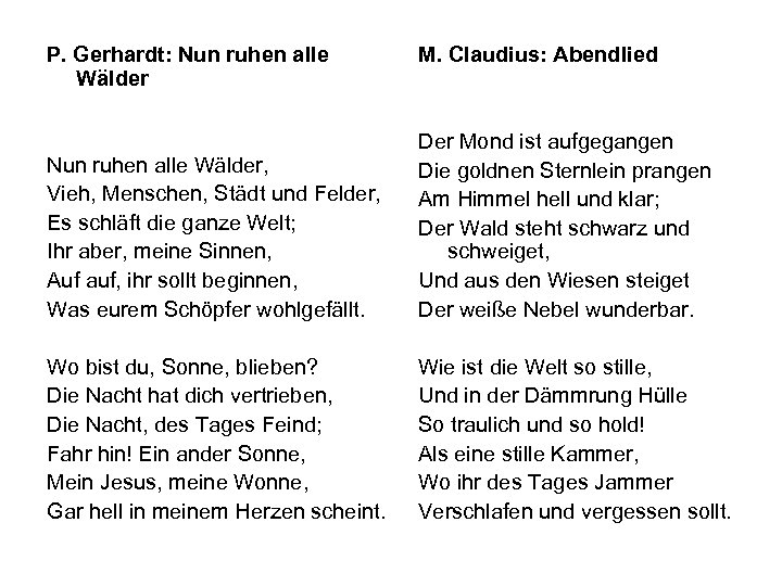 P. Gerhardt: Nun ruhen alle Wälder M. Claudius: Abendlied Nun ruhen alle Wälder, Vieh,