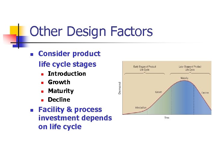 Other Design Factors n Consider product life cycle stages n n n Introduction Growth