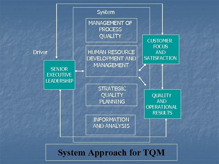 System MANAGEMENT OF PROCESS QUALITY Driver SENIOR EXECUTIVE LEADERSHIP HUMAN RESOURCE DEVELOPMENT AND MANAGEMENT