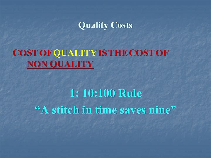 Quality Costs COST OF QUALITY IS THE COST OF NON QUALITY 1: 100 Rule