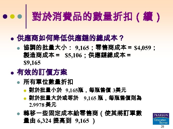 對於消費品的數量折扣（續） l 供應商如何降低供應鏈的總成本？ l l 協調的批量大小： 9, 165；零售商成本＝ $4, 059； 製造商成本＝ $5, 106；供應鏈總成本＝ $9,