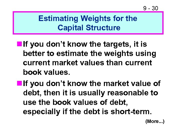9 - 30 Estimating Weights for the Capital Structure n If you don’t know