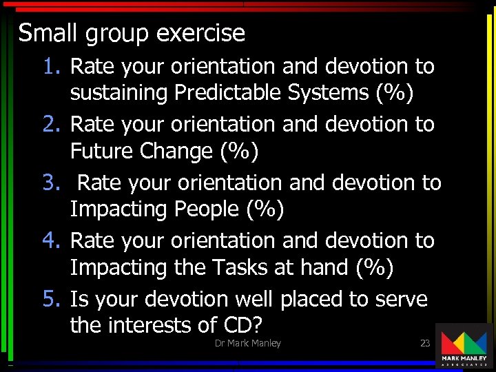 Small group exercise 1. Rate your orientation and devotion to sustaining Predictable Systems (%)