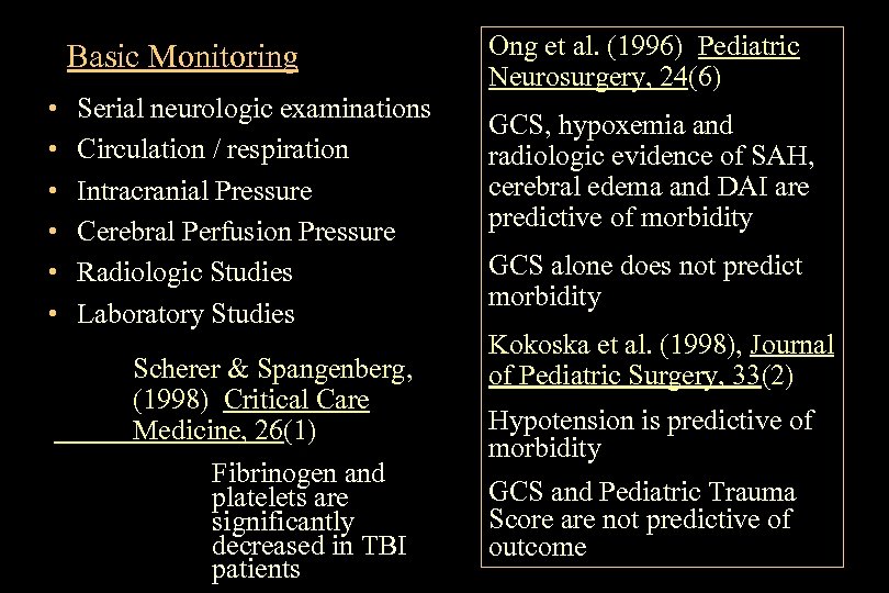 Basic Monitoring • • • Serial neurologic examinations Circulation / respiration Intracranial Pressure Cerebral