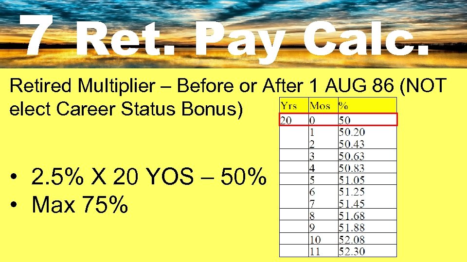 7 Ret. Pay Calc. Retired Multiplier – Before or After 1 AUG 86 (NOT