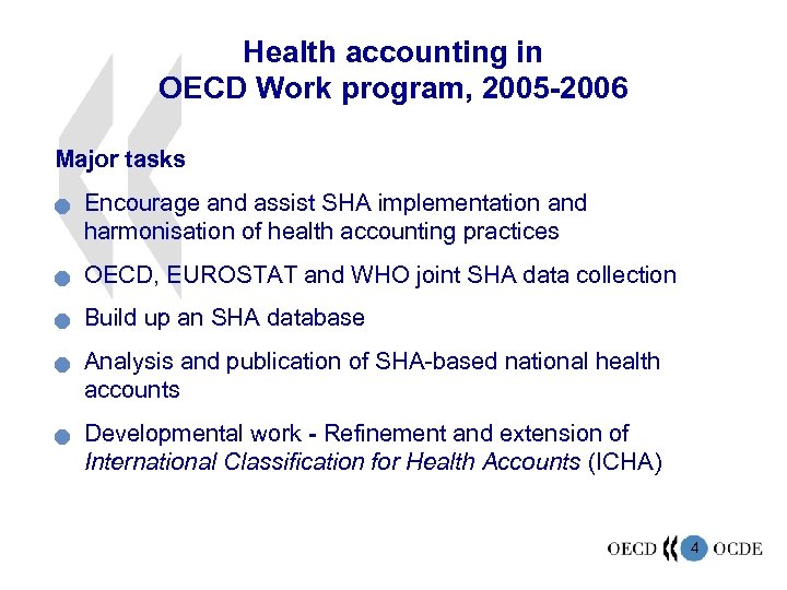 Health accounting in OECD Work program, 2005 -2006 Major tasks n Encourage and assist