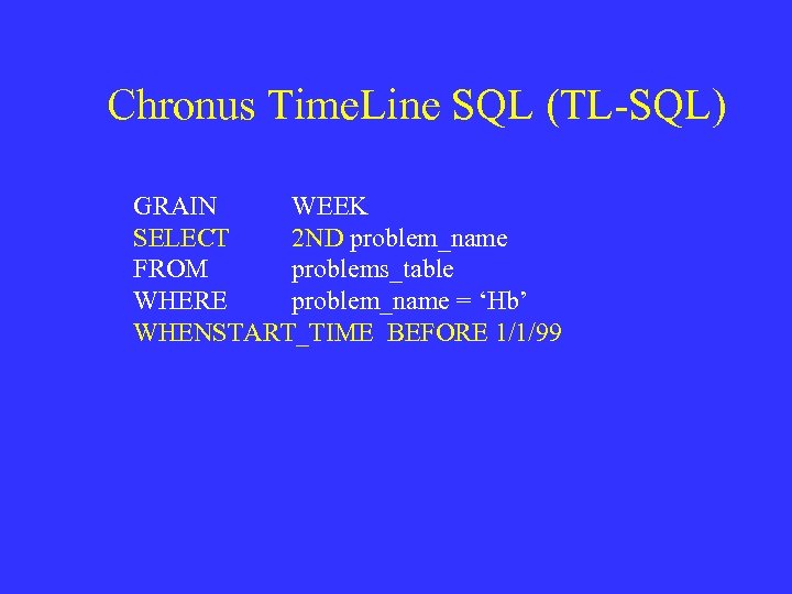 Chronus Time. Line SQL (TL-SQL) GRAIN WEEK SELECT 2 ND problem_name FROM problems_table WHERE