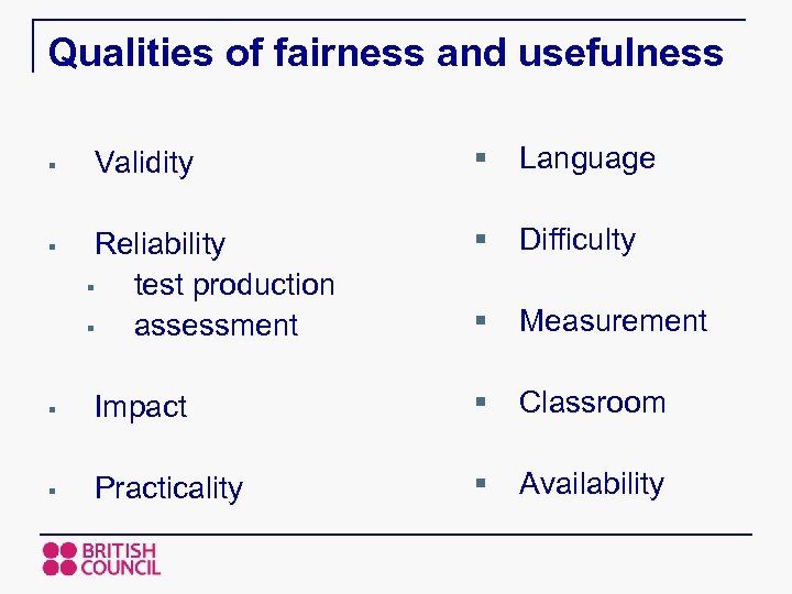 Qualities of fairness and usefulness Validity § Language Reliability § test production § assessment