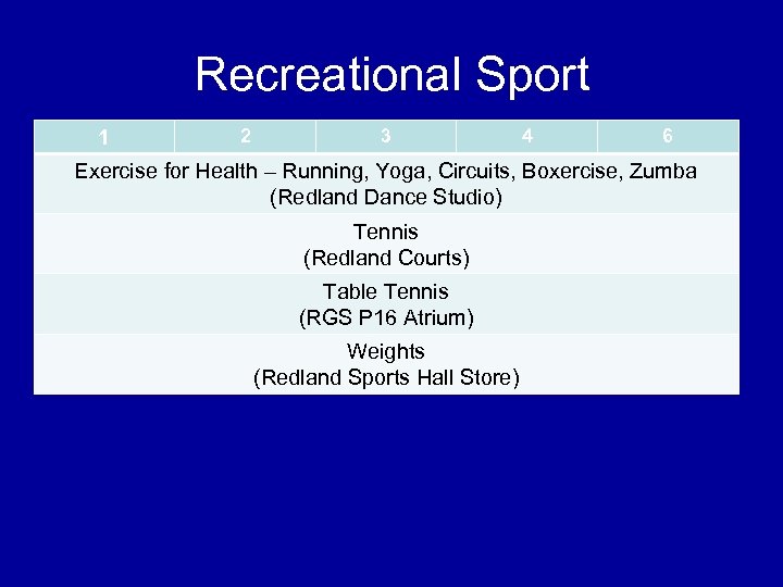 Recreational Sport 1 2 3 4 6 Exercise for Health – Running, Yoga, Circuits,