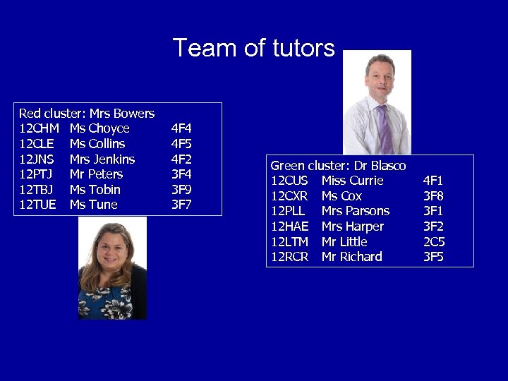 Team of tutors Red cluster: Mrs Bowers 12 CHM Ms Choyce 12 CLE Ms