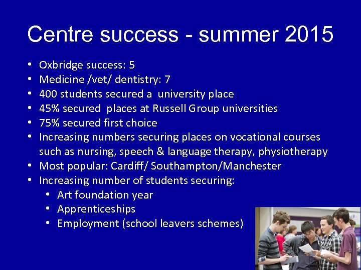 Centre success - summer 2015 Oxbridge success: 5 Medicine /vet/ dentistry: 7 400 students