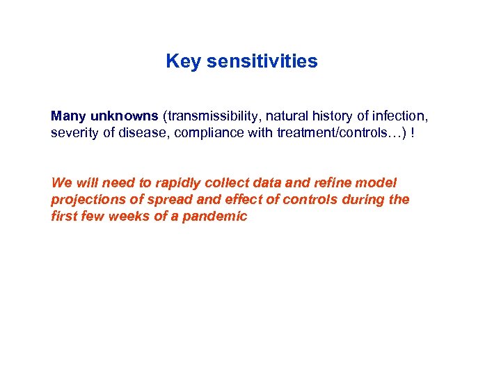 Key sensitivities Many unknowns (transmissibility, natural history of infection, severity of disease, compliance with