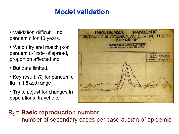 Model validation • Validation difficult – no pandemic for 40 years. • We do