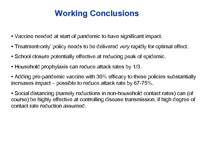 Working Conclusions • Vaccine needed at start of pandemic to have significant impact. •