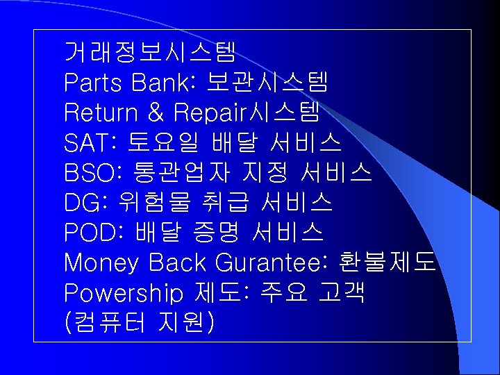 거래정보시스템 Parts Bank: 보관시스템 Return & Repair시스템 SAT: 토요일 배달 서비스 BSO: 통관업자 지정